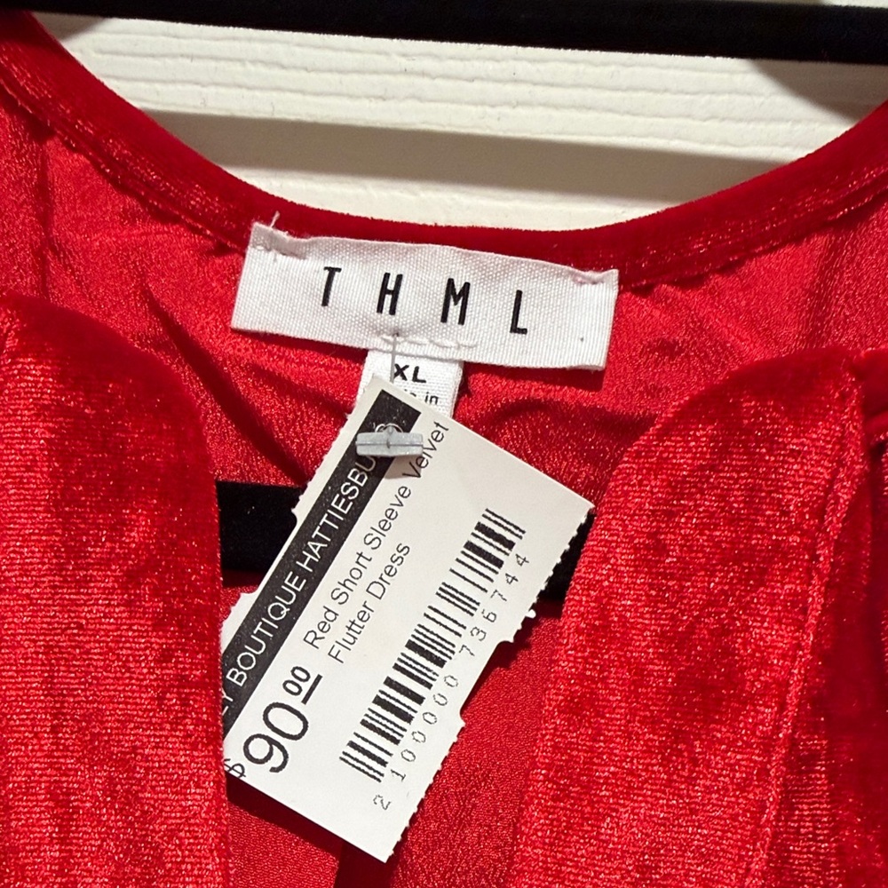 THML Red Velvet Flutter Sleeve Dress - Picture 2 of 4